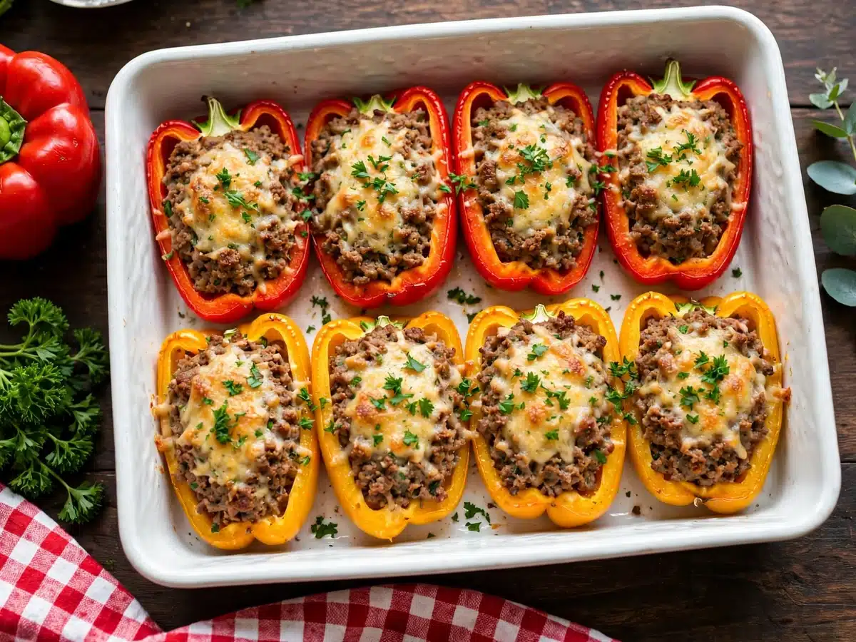 Pimientos Rojos Rellenos de Carne: mitades de pimientos rojos y amarillos rellenos de carne y verduras con queso gratinado en bandeja de horno