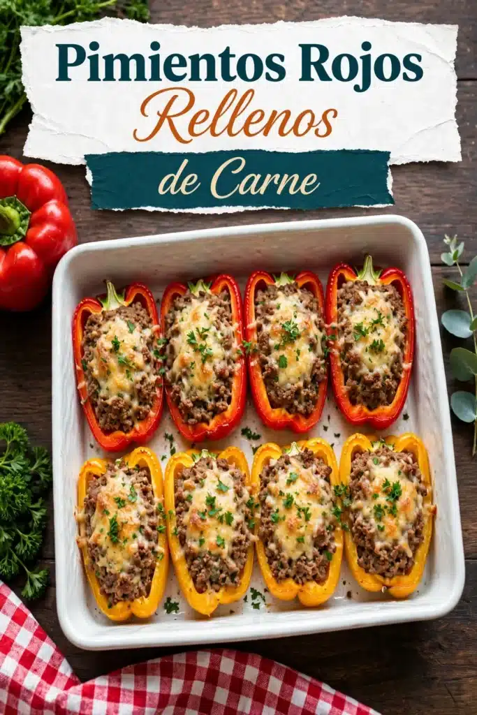 Pimientos Rojos Rellenos de Carne: mitades de pimientos rojos y amarillos rellenos de carne y verduras con queso gratinado en bandeja de horno