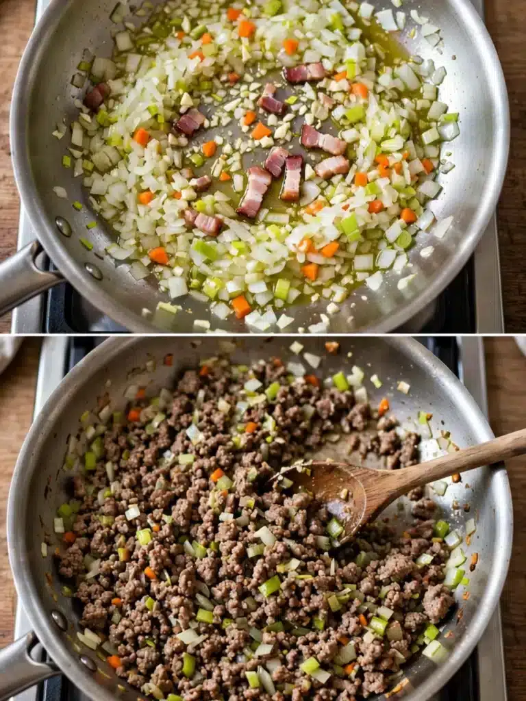 Pasos para preparar Pimientos Rojos Rellenos de Carne, desde cortar los pimientos y sofreír la carne hasta los pimientos rellenos y gratinados
