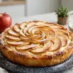 TARTA DE MANZANA CON CREMA PASTELERA dorada con láminas de manzana y crema suave, con manzanas frescas