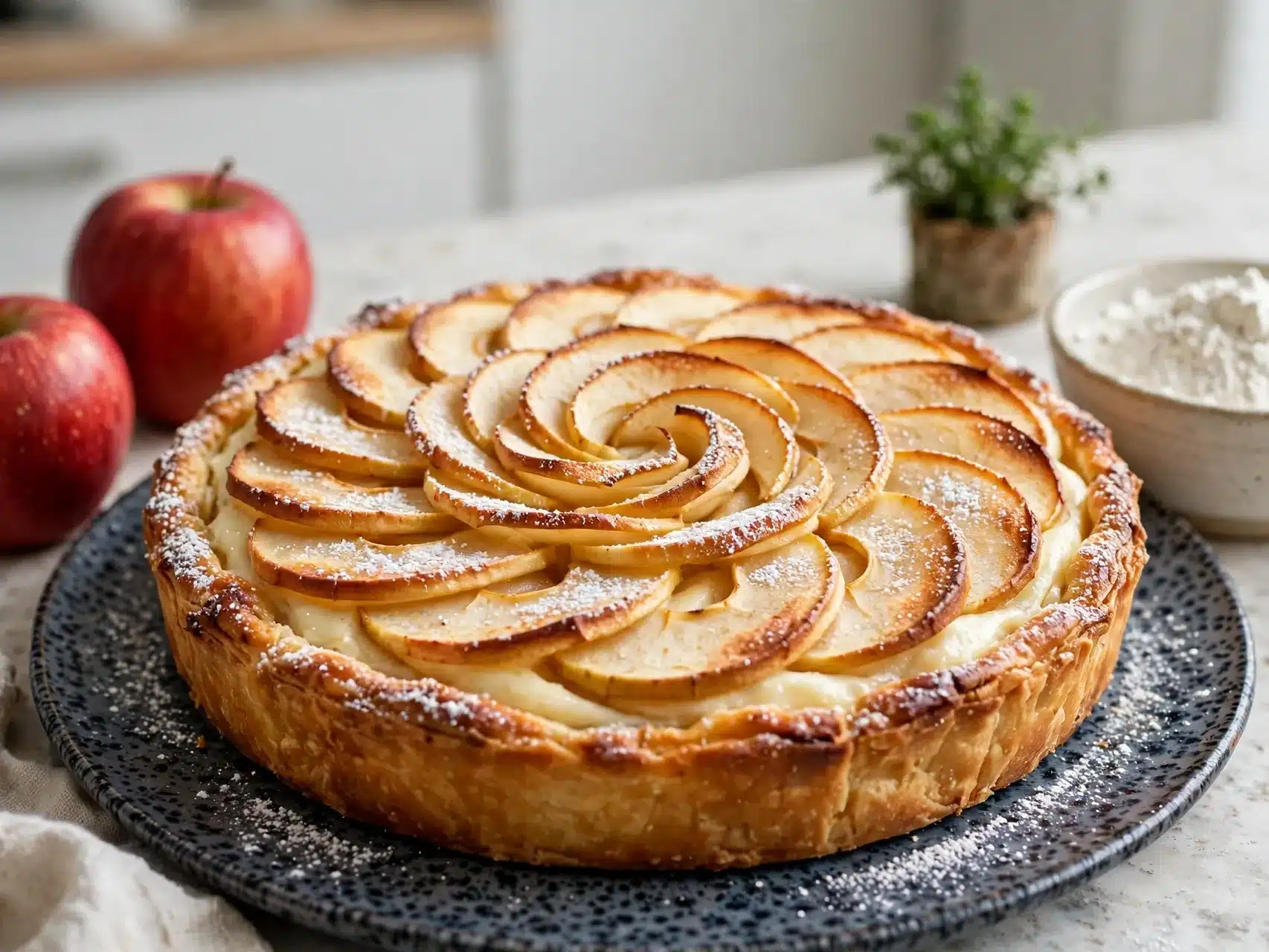 TARTA DE MANZANA CON CREMA PASTELERA dorada con láminas de manzana y crema suave, con manzanas frescas