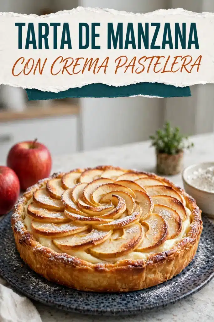 TARTA DE MANZANA CON CREMA PASTELERA casera, dorada y con crema suave
