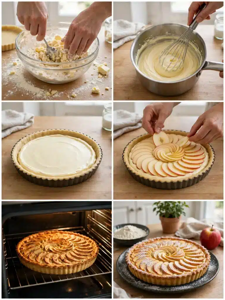 Pasos para preparar TARTA DE MANZANA CON CREMA PASTELERA, desde batir la masa hasta hornear la tarta dorada