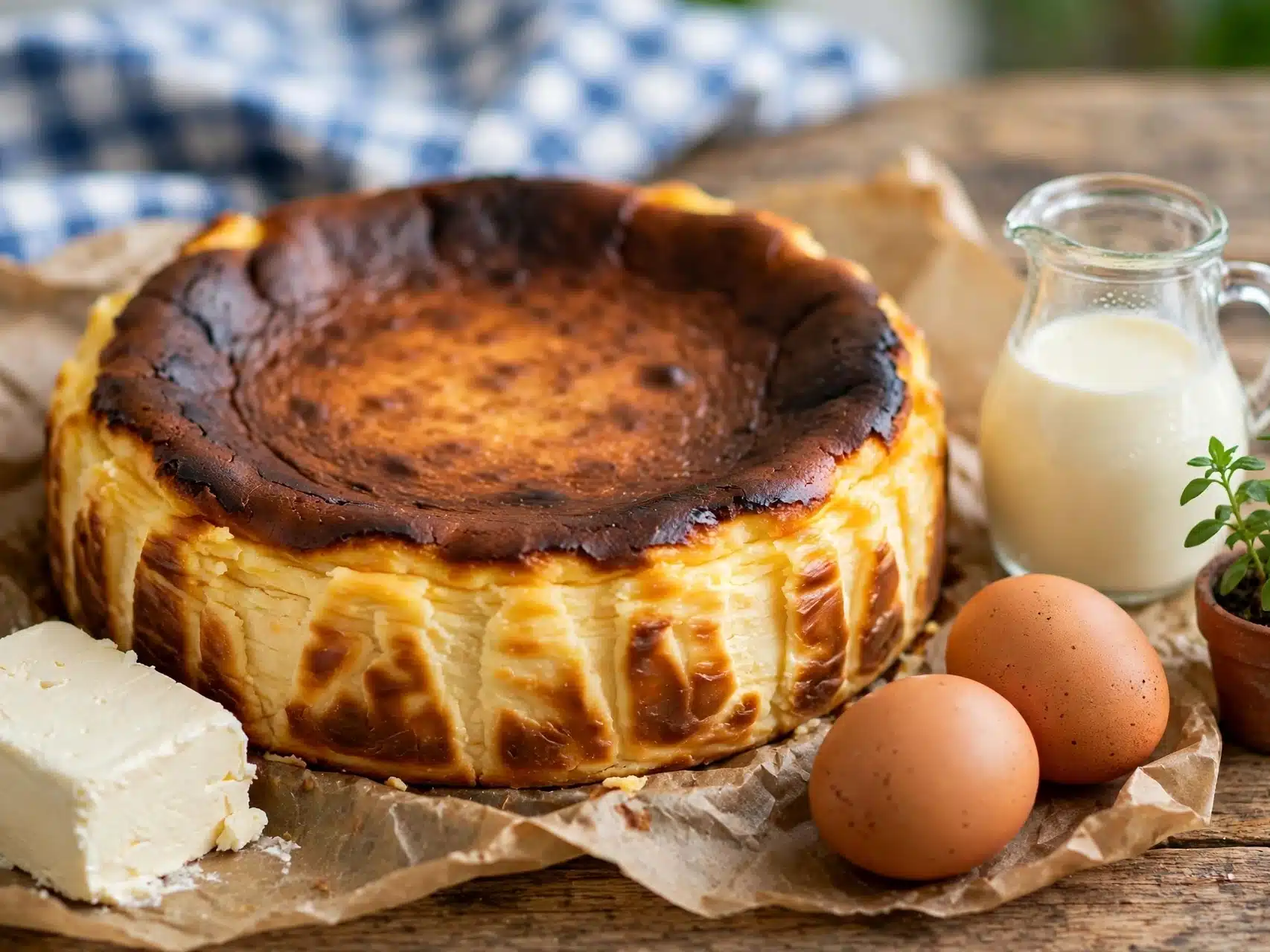 Tarta de Queso Fácil Sin Horno estilo vasco, con la superficie caramelizada y dorada
