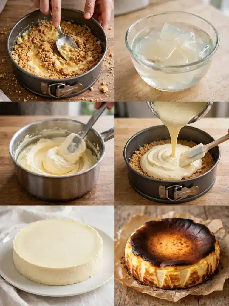 Pasos para preparar Tarta de Queso Fácil Sin Horno, desde la base de galletas hasta refrigerarla y servirla fría