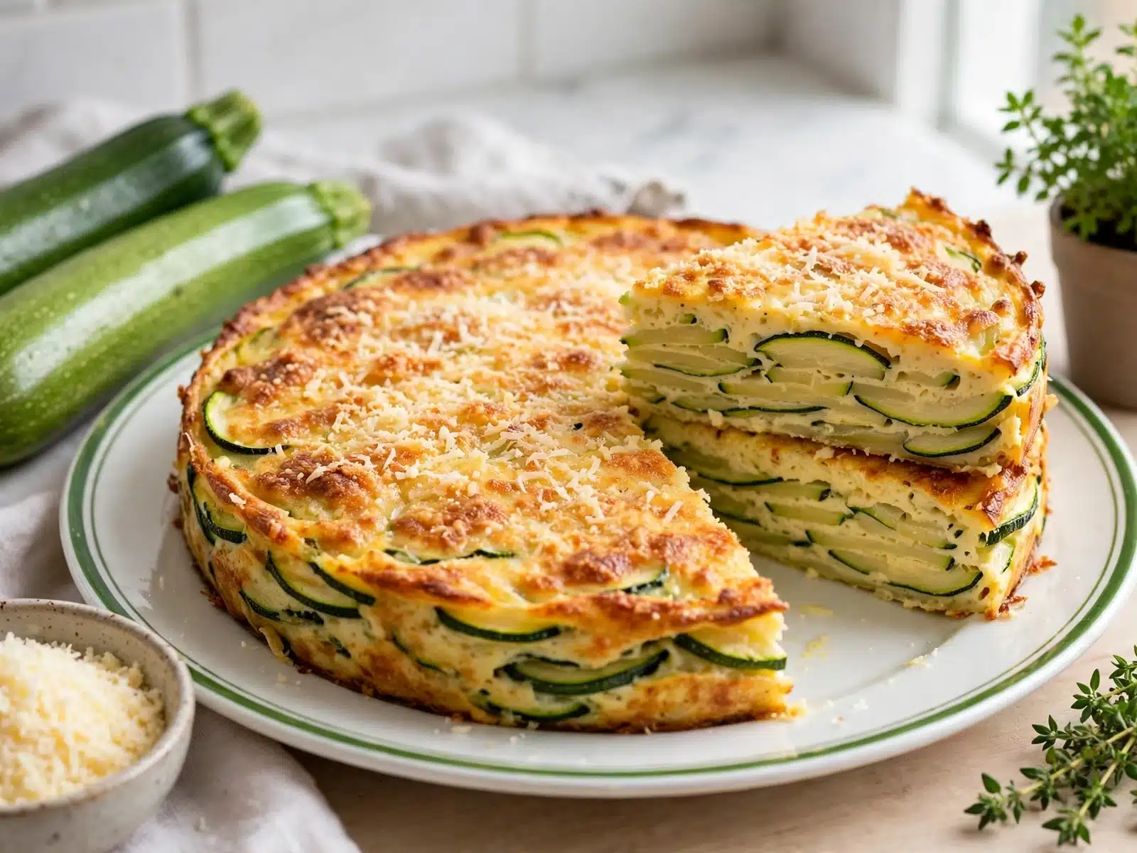 Tarta salada de calabacín de capas de calabacín en masa cremosa, sin corteza, con una porción levantada